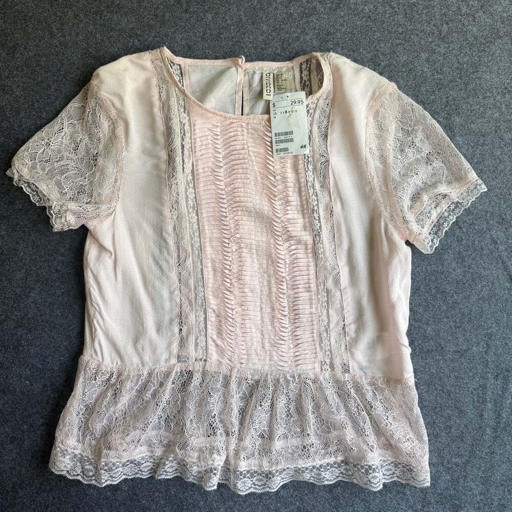 H&M Divided Lace Trim Pleated Peplum Blouse Size 6